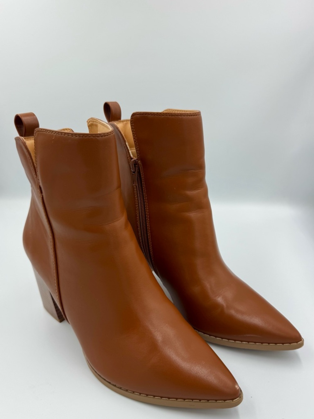 Cognac Pointed Toe Ankle Boots | Wood Grain Block Heel Size 8.5